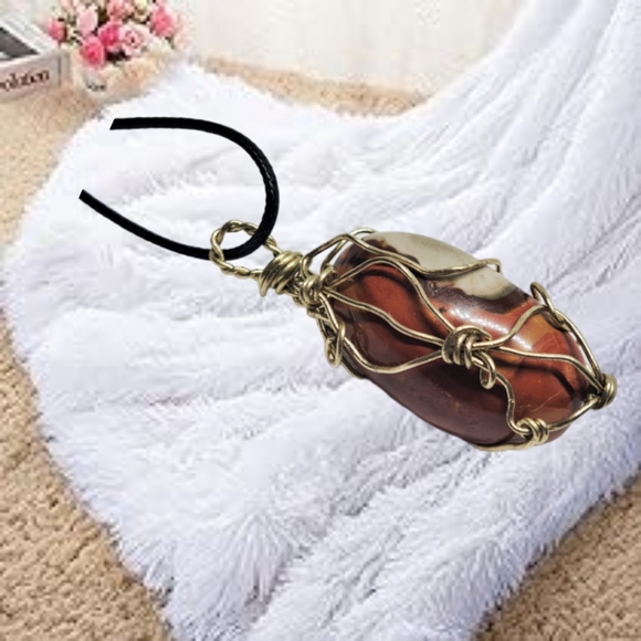 Jasper Hand Wired Pendant with Waxed Black Leather Necklace - Picture 2 of 7